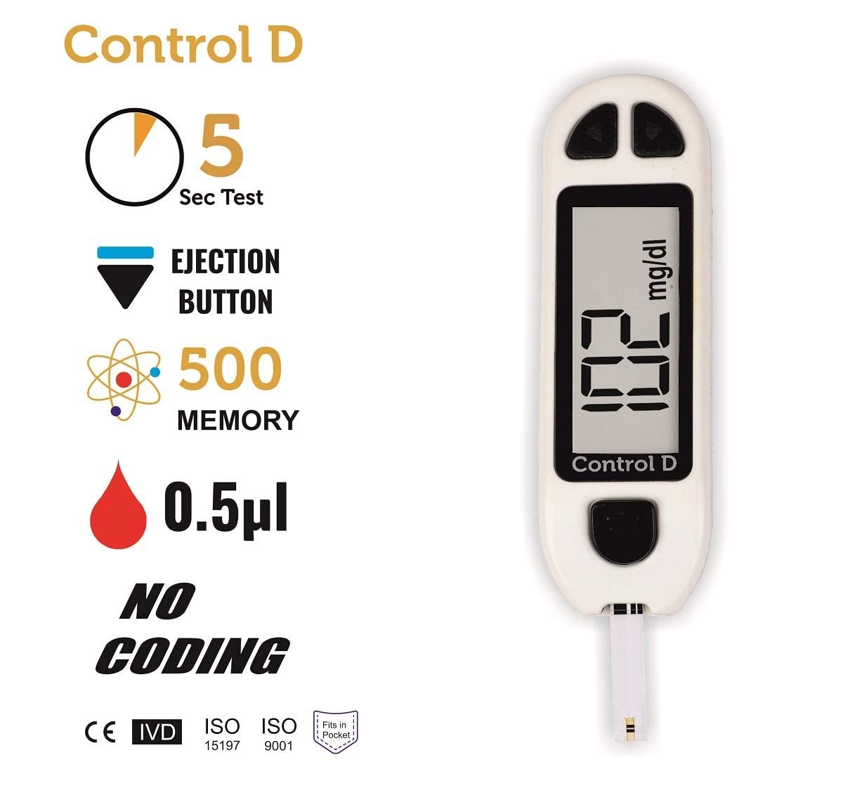 Control D Blood Glucose Sugar Testing Monitor With 10 Strips Glucometer - White