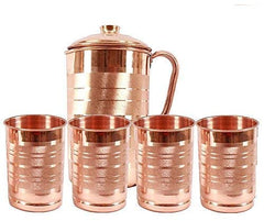 Golden Copper Jug Pitcher - 1.5 Liters With 4 Glass 300ml Each | Copper Jug With Glass Tumbler For Kitchen Serve Ware & Drinkware