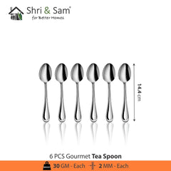 Stainless Steel Gourmet Tea Spoon Set Of 6 Pieces, Silver | Rust Free & Dishwasher Friendly