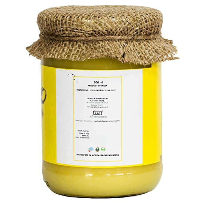 100% Pure Organic A2 Cow Ghee By Sanatan Organic | Rich Source Of Vitamin A & Protein Fiber Healthy Pure Desi Cow Ghee Helps Strengthen Muscles | (1 Litr) 33.8 Ounce | Jar Pack