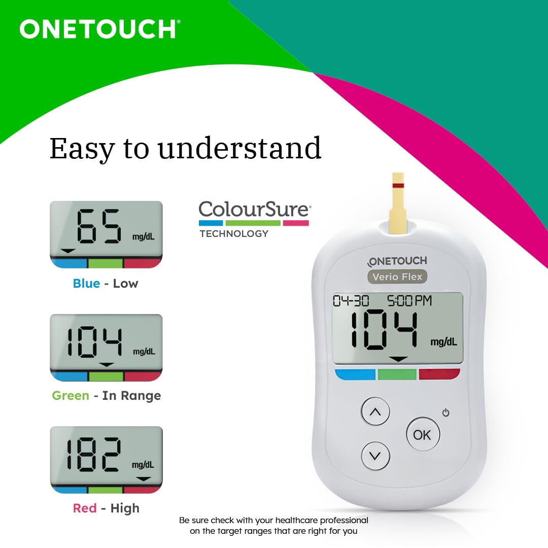 OneTouch Verio Flex glucometer machine | Sync your results with OneTouch Reveal mobile app | Simple & accurate testing of blood sugar levels at home | Global Iconic Brand | FREE 10 Test Strips + 10 Sterile Lancets + 1 Lancing device