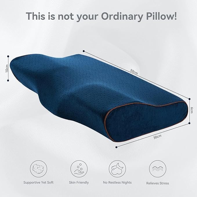 Contour Memory Foam Pillow, Orthopedic Pillows For Sleeping, Navy Blue | Pillows For Neck Pain Relief, Ergonomic Cervical Pillows | For Side & Back Sleepers, Breathable, Adjustable