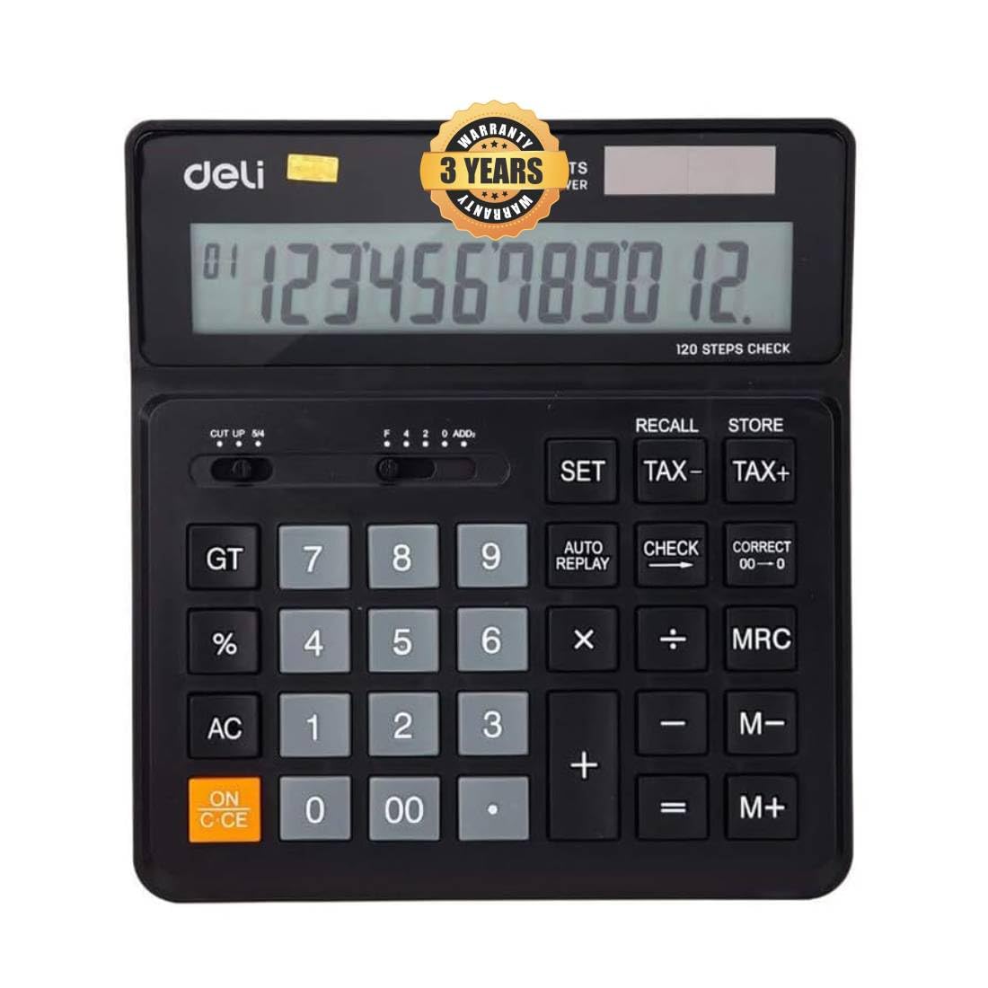 Deli Wm01020 Tax Calculator Big Size | 3 Years Warranty |12 Digits With F- Cut Keys, Steps Check & Correct Function - Black | Dual Power Options, User Friendly Interface
