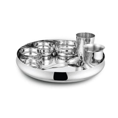 Stainless Steel Belly Thali Set Of 8 Pieces, Silver | 1 Thali+ 1 Big Bowl+ 2 Small Bowl+ 1 Chutney Bowl+ 1 Glass+ 1 Dabra+ 1 Dessert Spoon