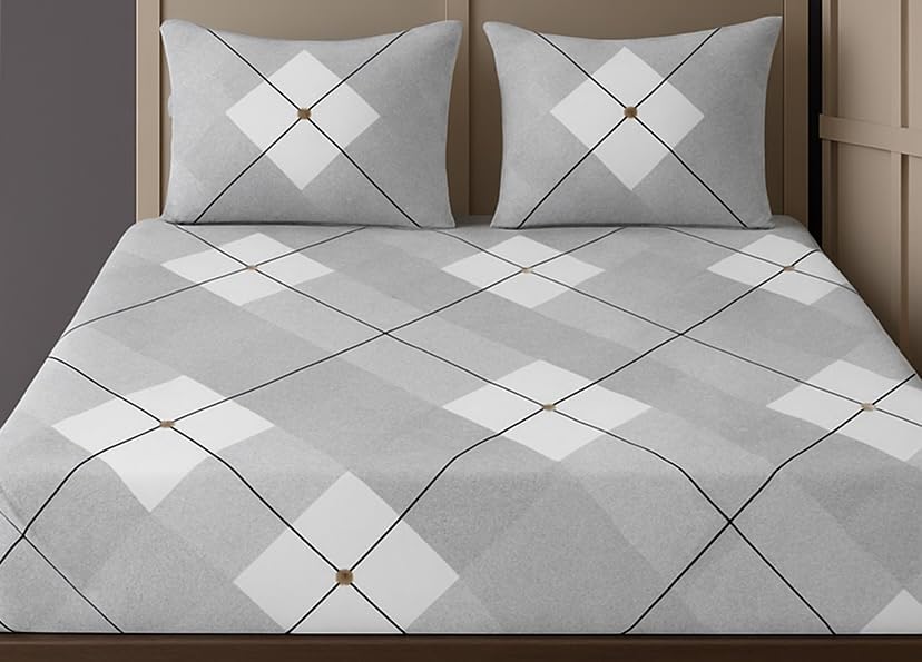 1 Bedsheet For Double Bed With 2 Pillow Covers - 90 X 100 Inches, Grey & White | Premium Cotton Material Double Bedsheet Queen Size | Skin Friendly & Long Lasting