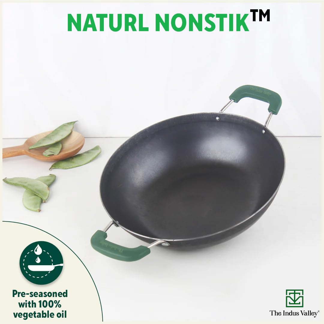 Pre-Seasoned Iron Kadai With Silicon Handle - Small, 20.3 Cm, 7.9 Inch, 1.2 Liters, 0.78 Kg | Induction Friendly, Flat Base Iron Kadhai, 100% Pure & Toxin-Free, No Chemical Coating, Black