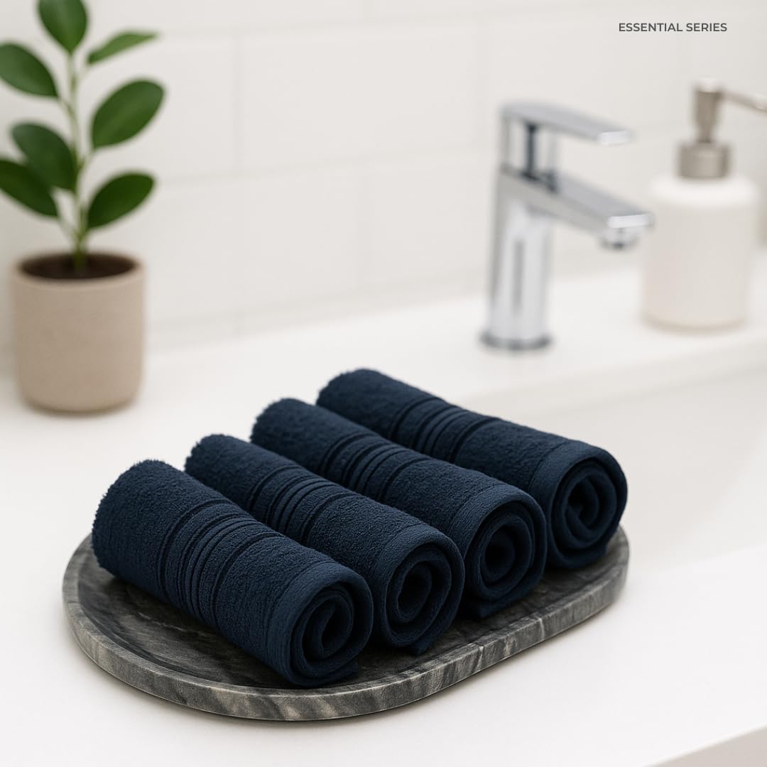 Akiko Home 100% Cotton Essential Series Face Towel 600 Gsm | Soft Absorbent & Durable Washcloth For Men & Women, Compact Travel Towel -Pack Of 4 (Navy)