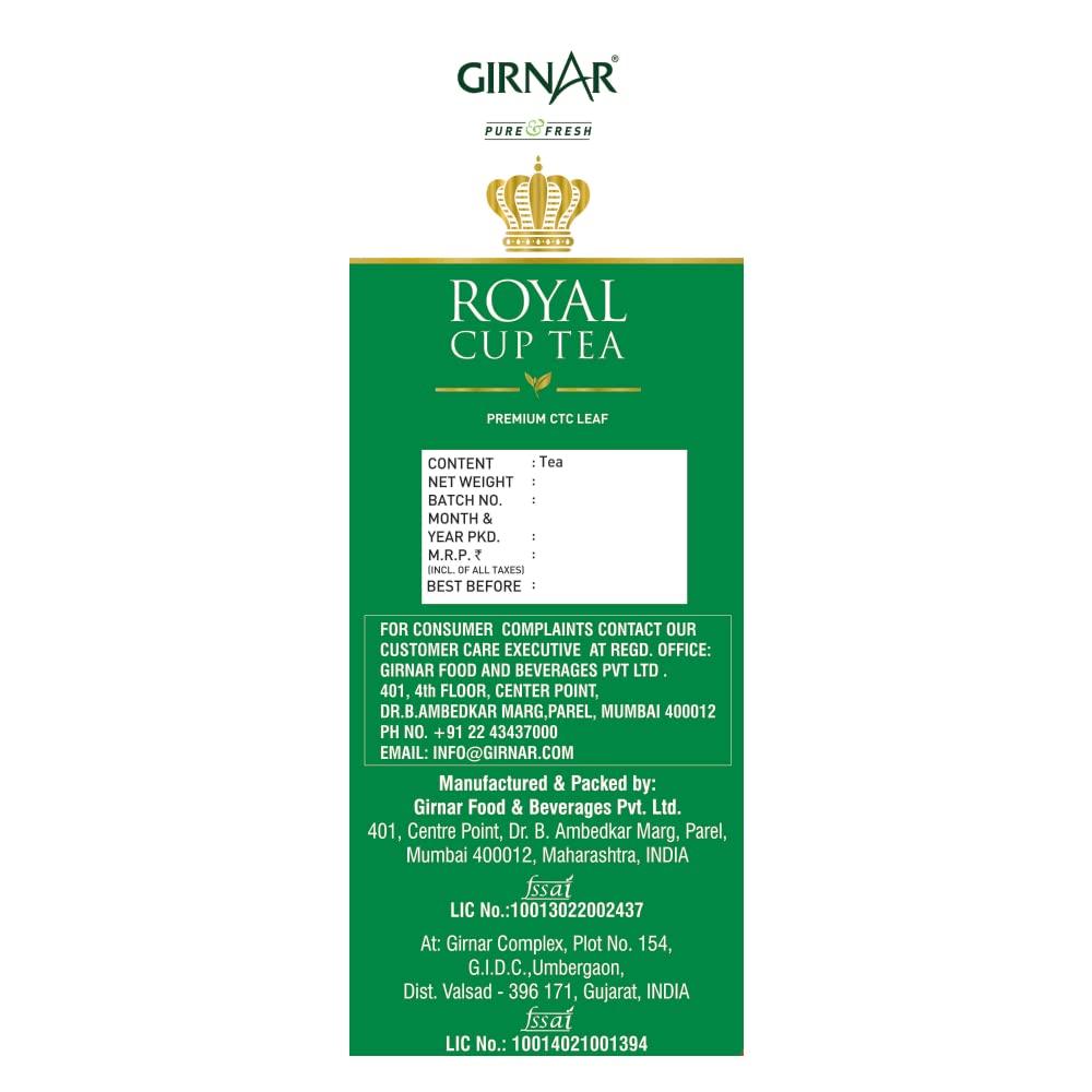Girnar Pure & Fresh Royal Cup Assam Black Tea - 500gm Pouch, 17.6 Ounce | Premium Assam CTC Leaf - Caffeine Free, Refreshingly Complex Flavour