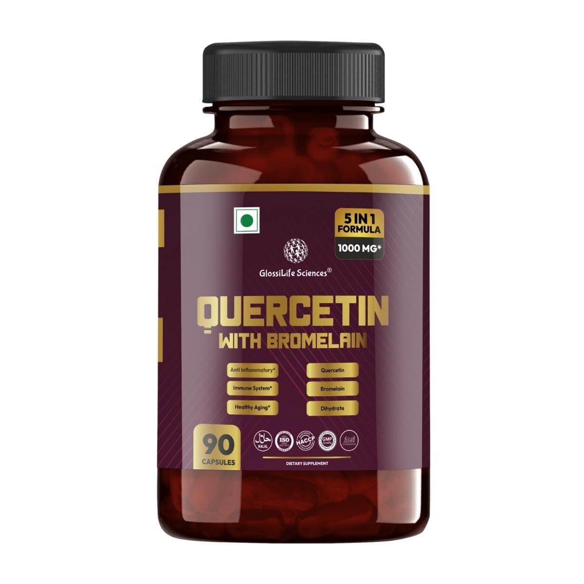 Glossilife Sciences Quercetin With Bromelain 1000mg 5 In 1 Formula | 90 Vegetarian Capsules, 150gm 0.3lbs