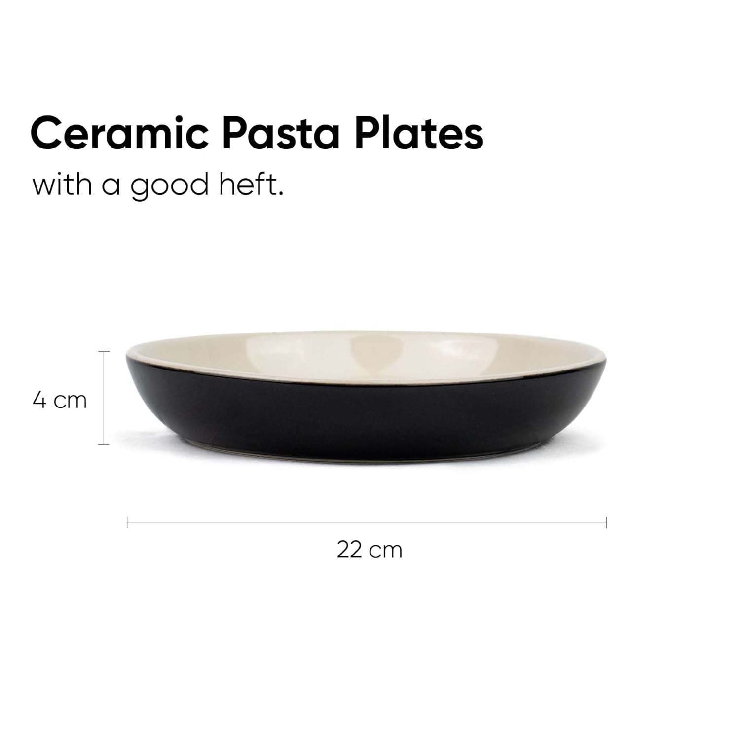 Ceramic Pasta Bowl Set Of 2 Pcs, 22cm - Black Outside, 300ml Each | Stoneware Ceramic Serving Bowls With Glossy Finish | Pasta Plate - Deep Plate | Ceramic Bowl - Pasta Serving Plate
