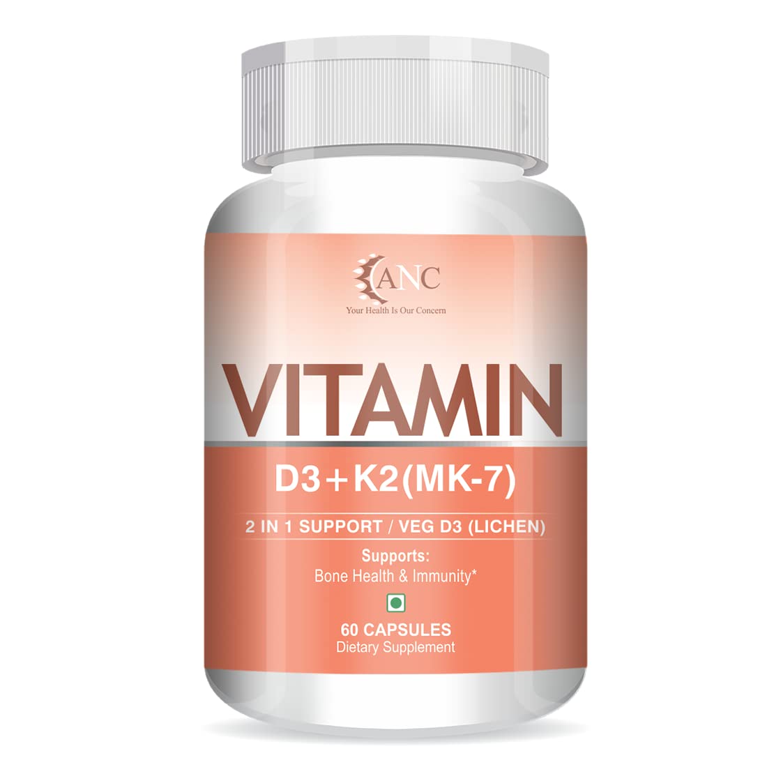Anc Vitamin D3 K2 Mk7 Supplement, Supports Stronger Immunity & Bone & Heart Health For Men And Women | 60 Capsules, 100gm 0.2lbs