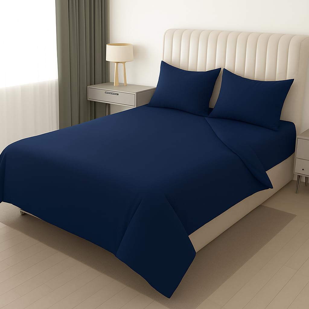 Plain Double Bedsheet For Queen Size With 2 Matching Pillow Covers For Home - 90 X 100 Inches, Navy Blue | Smooth Finish, Soft Touch & Breathable Comfort For Everyday Use