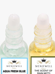 Menjewell Aqua Fresh Blue + The Scent Of Rain Mitti Attar Perfume 5ml 0.17 Fl.oz. Each Pack Of 2 | Unisex Fragrance | Long Lasting