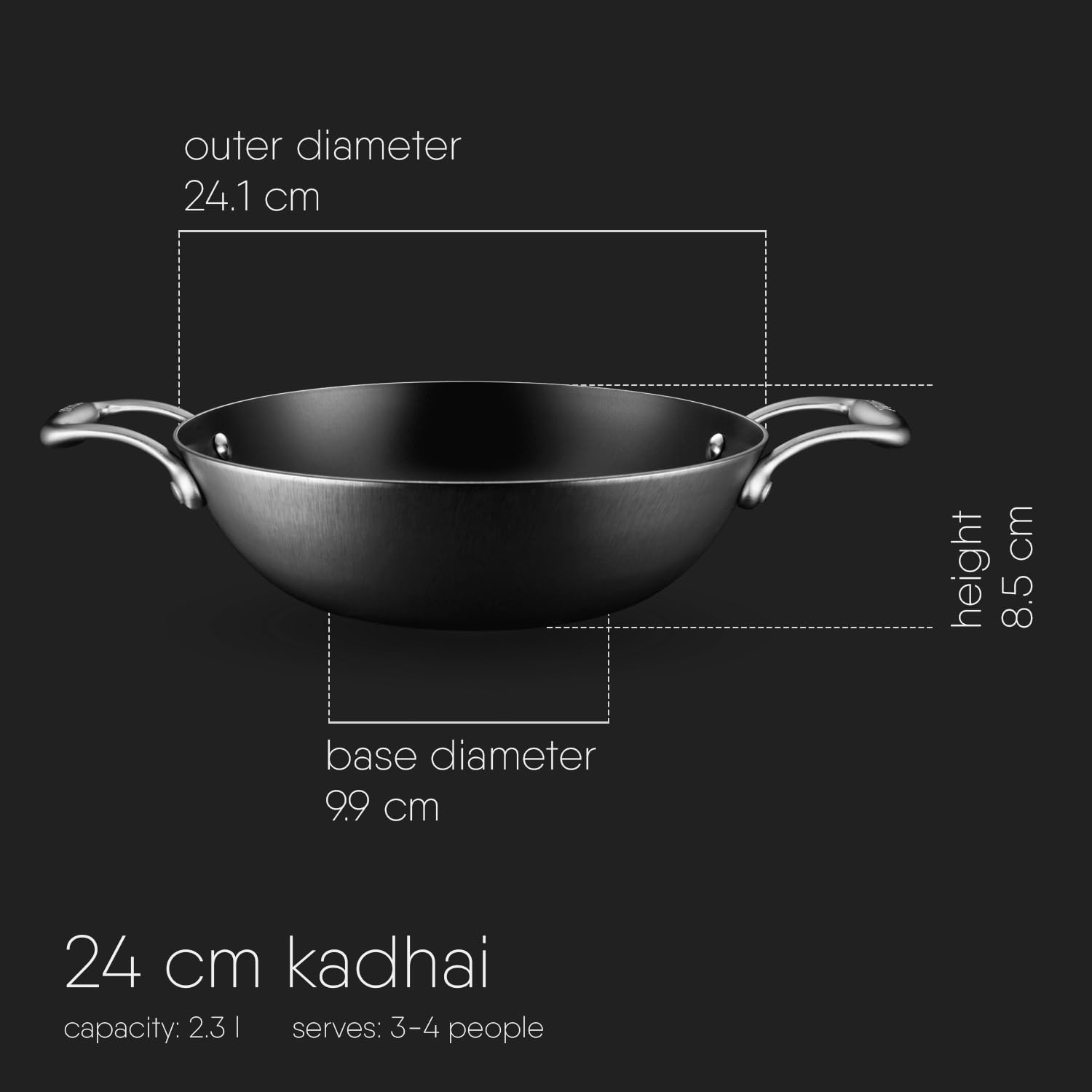 Blacksmith Plus Black Cast Iron Kadhai - 2.3 Liters, 24 Cm | Light Weight Iron Kadai - Nitrided Kadai For Cooking - Induction & Gas Stove Compatible