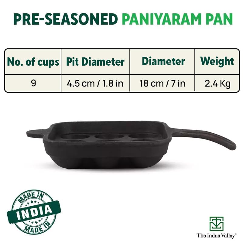 Pre-Seasoned Black Cast Iron Square Paniyaram Pan With Free Wooden Picker - 9 Pits, 18cm, 7.1 Inch, 2.4 Kg | Induction Friendly - Pre-Seasoned Paddu Pan, 100% Pure & Toxin-Free, No Chemical Coating