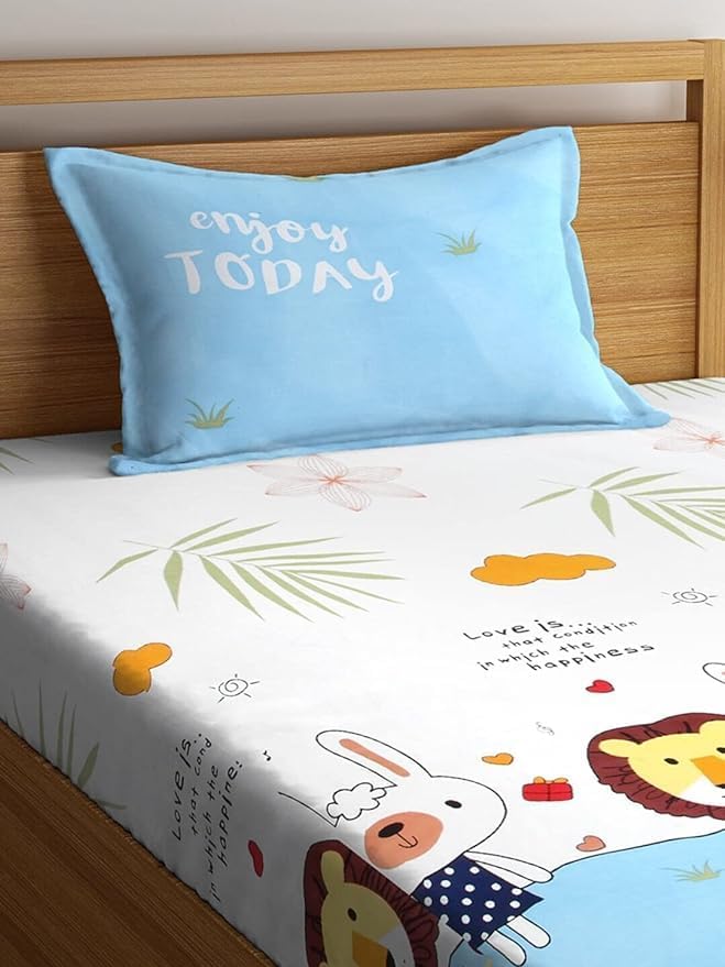 Cartoon Printed Single Bedsheet For Kids With One Pillow Cover - 60 X 90 Inches, White & Sky Blue | 300 Thread Count - Wrinkle Free Soft Perfect For Everyday Use