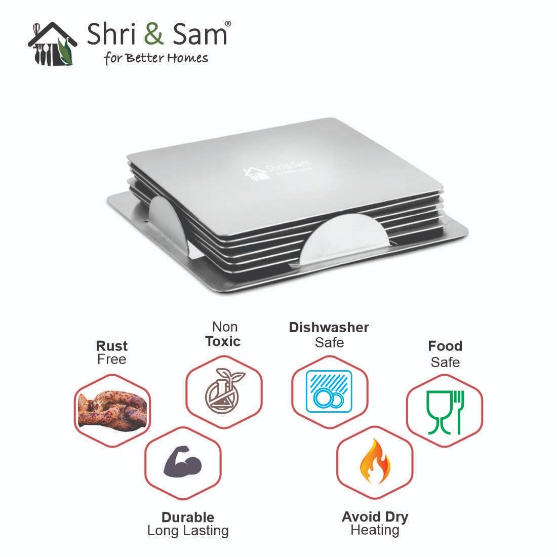Stainless Steel Square Coaster Set Of 6 Pieces, Silver - 6 Pieces Coaster, 1 Stand | Durable, Rust Free