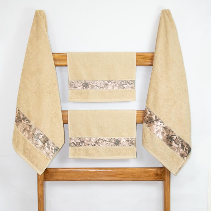 Rangoli 100% Cotton Fibre 2 Hand & 2 Bath Towels 1400 Gsm | Highly Durable & Absorbent With Printed Border | Quick Drying Towels (Beige) - Pack Of 4