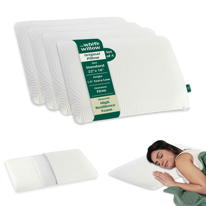 Ultra Thin Hard Pillow For Sleeping, Orthopedic Cervical Neck Pillow, Standard Size - 1.5 Inch | Slim Pillow For Neck & Shoulder Pain-Flat Pillow, Extra Firm, Washable Cover - Set Of 4