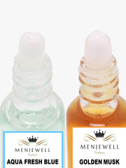 Menjewell Aqua Fresh Blue + Golden Musk Attar Perfume 5ml 0.17 Fl.oz. Each Pack Of 2 | Unisex Fragrance | Long Lasting