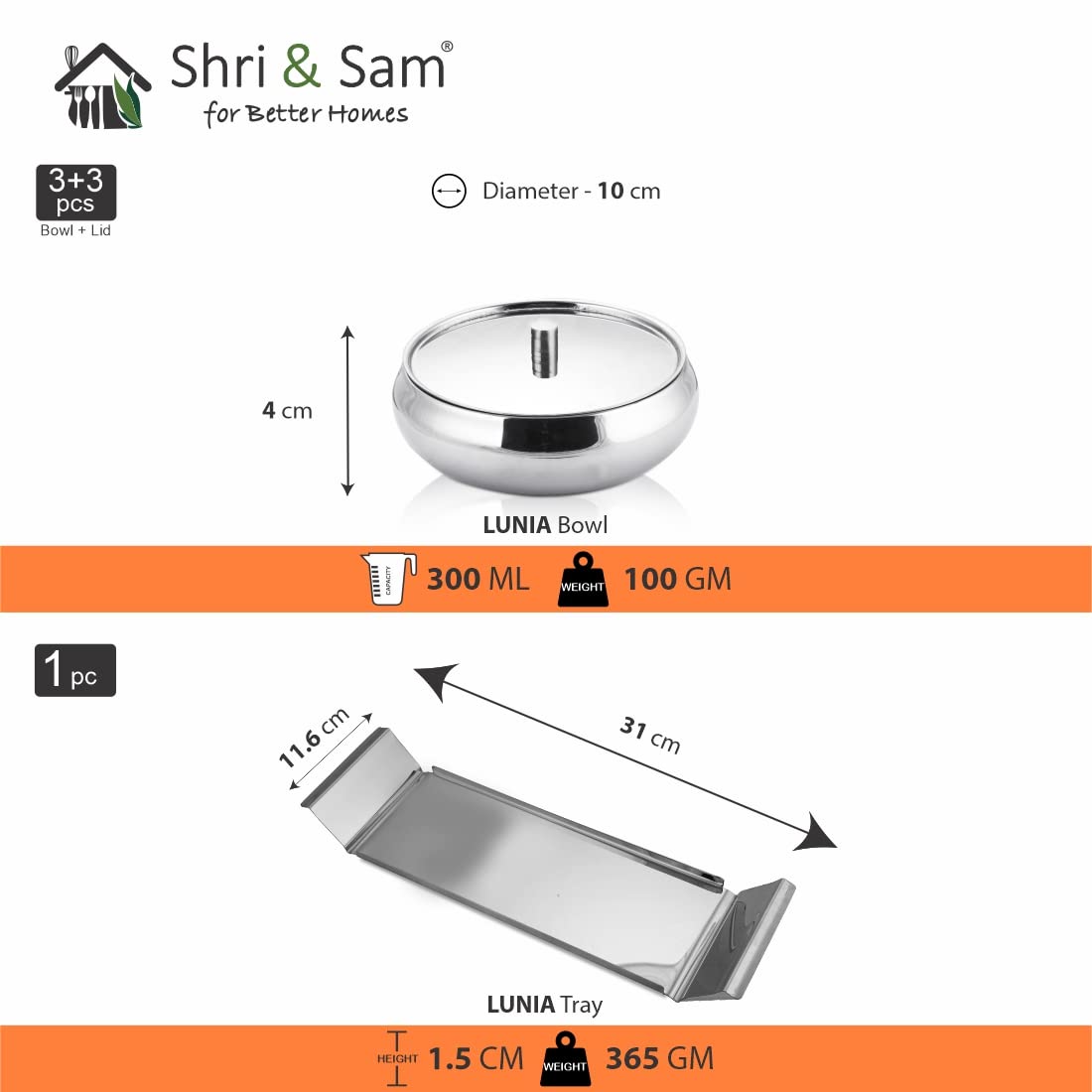 Stainless Steel Lunia Bowl Set With Tray - Silver | 3 Snack Bowl, 100ml Each + 1 Stainless Steel Tray