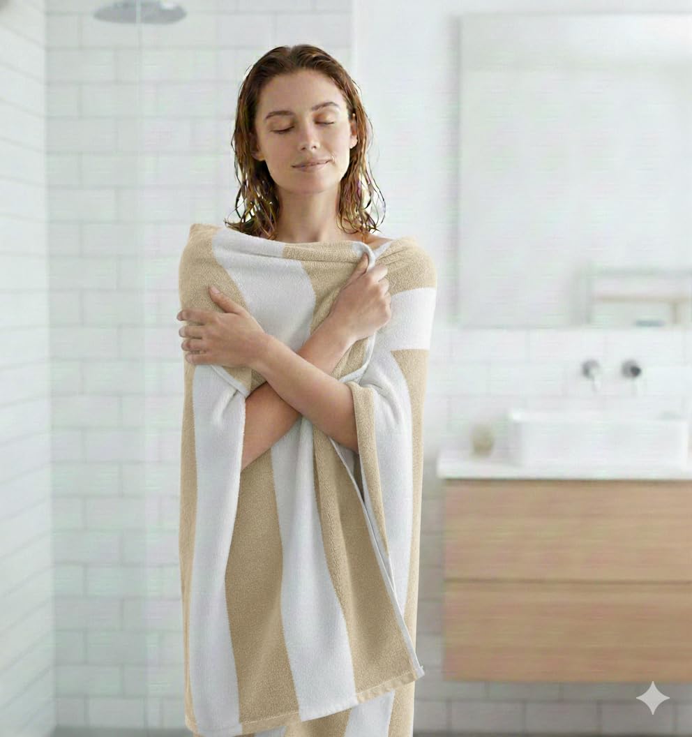 Cotton Bolls Textiles Premium 100% Cotton Bath Towel 450 Gsm | Ultra-Soft & Absorbent Quick Dry Durable Stripe Design Towel (Beige)