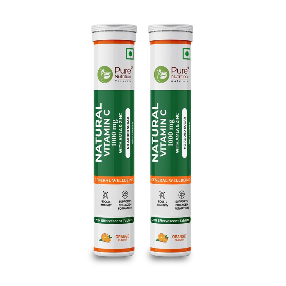 Pure Nutrition Vitamin C + Zinc, 20 Effervescent Tablets Orange Flavour , Amla Extract | Acne Free Skin For Women & Men , Rich In Antioxidants , Boosts Energy, Immunity | 50gm 0.1lbs Each Pack Of 2
