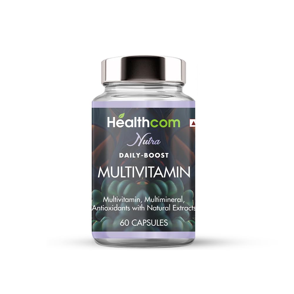 Healthcom Nutra Multivitamin & Minerals Supplement For Men & Women, Iron, Vitamin A, B5, B6, C, D, E & K & Multiminerals | Immunity, Hair, Skin, & Bone Support | 60 Capsules 100gm 0.2lbs