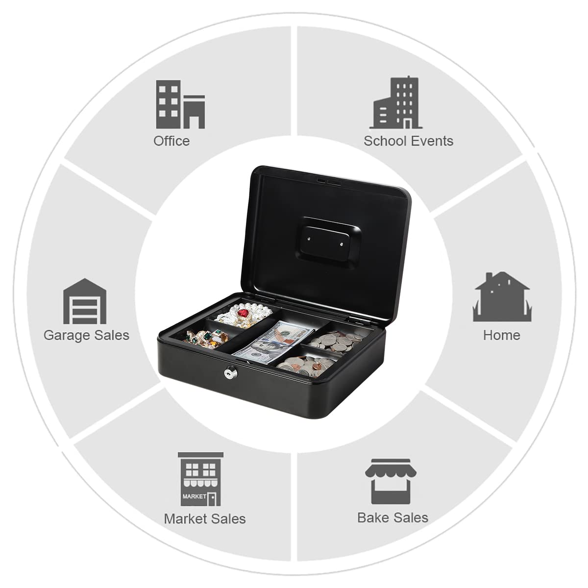 Locking Xtra Large Metal Cash Box With Money Tray, Lock Box, Colour - Black, Material - Metal, Special Feature - Portable