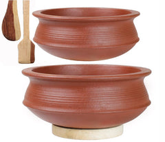 Deep Burned Uncoated Clay Pot Or Mitti Handi Combo With 2 Wooden Spatulas Complimentary Pack Of 2 - Red, 1 + 2 Liters | Pre-Seasoned Mud Pot - Unglazed, Double Fired, Hand Crafted