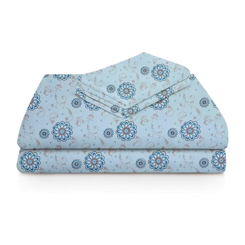 Double Bedsheets With 2 Matching Pillow Covers - 90 X 100 Inches, Light Blue | Traditional Printed Bedsheet - Ideal For House, Guest Room, Hotel Room Bedsheet