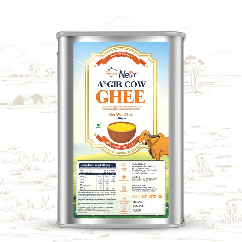 100% Natural A2 Gir Cow Ghee By Netar | Rich In Vitamins A, E Healthy Desi Ghee For Frying & Dishes | (2 Litr) 67.6 Ounce | Tin Container