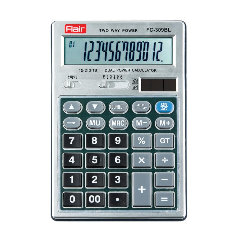 Flair FC-309 Desktop Series Calculator | Best Key Layout | GT Keys With Metal Cladding | Mark Up With Battery Dual Power | 99 Steps Check & Correct | For Home, Office & Shop Use | Grey