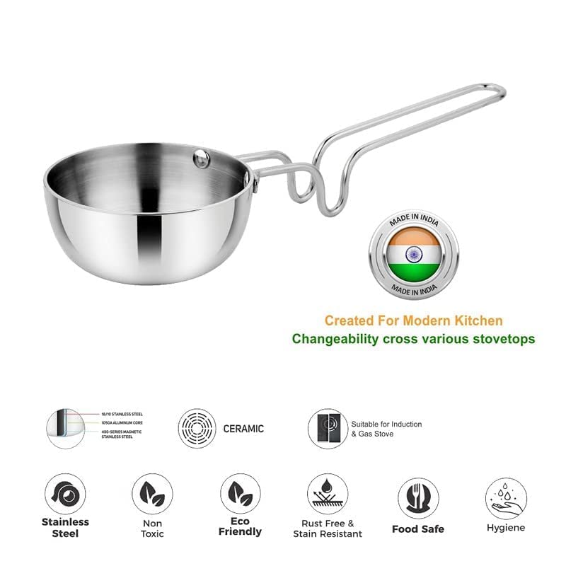 Silver Stainless Steel Tadka Pan Compatible With Gas - Useful For Home & Kitchen, Restaurants, Hotels | Dia-14cm, Capacity - 500ml