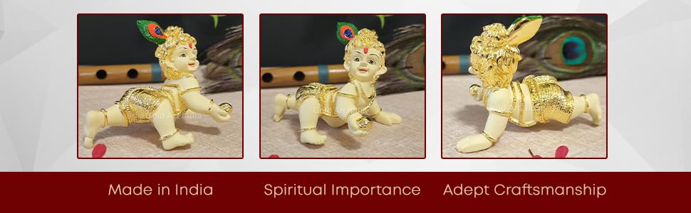 Laddu Gopal Gold Plated Off-White Idol, Bal Gopal, Little Krishna, Synthetic Resin, Makhan Chor Statue, Made In India Using High-Quality Idol, Durable, Special Occasions