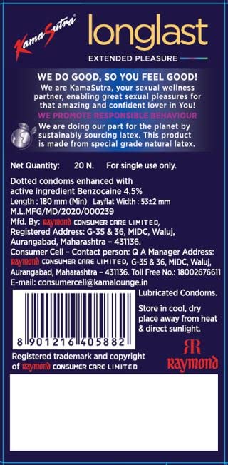 Kamasutra Longlast Condom For Men | Dotted | Combo Pack Of 20
