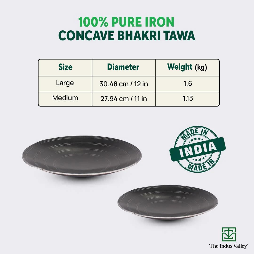 Pre-Seasoned Black Concave Iron Bhakri Tawa For Chapathi - 30cm, 12 Inch, 1.6 Kg | Gas Compatible, 100% Pure & Toxin-Free, No Chemical Coating