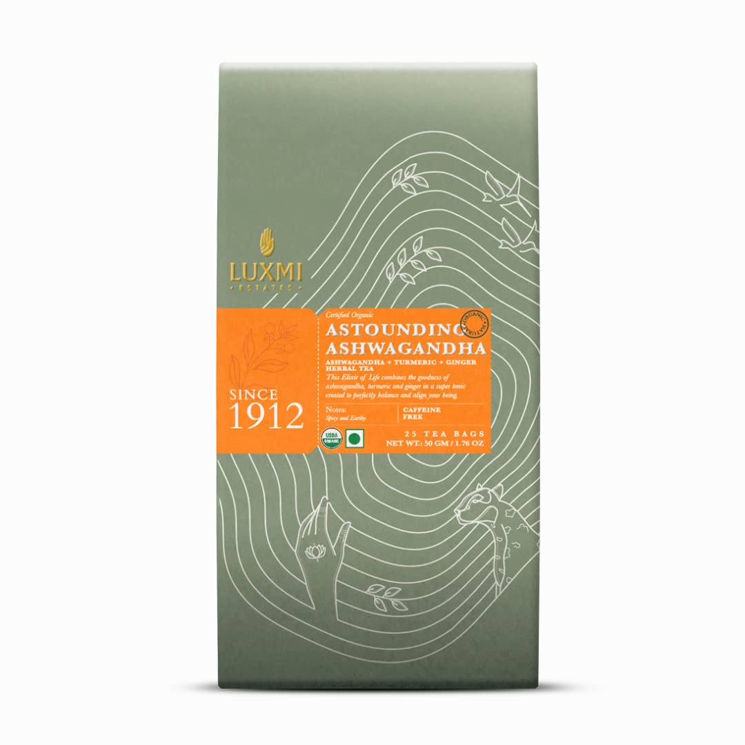 Luxmi Estates Valerian Dream + Astounding Ashwagandha Herbal Tea Pack Of 2 - 50gm, 1.7 Ounce, 25 Tea Bags Each | USDA Certified Organic Tea - De-Stress, Evening Time, Comforting Teas