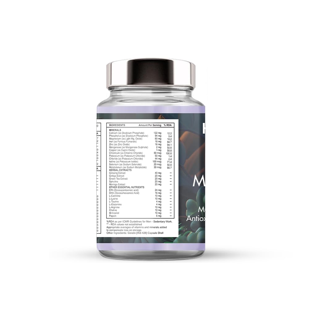 Healthcom Nutra Multivitamin & Minerals Supplement For Men & Women, Iron, Vitamin A, B5, B6, C, D, E & K & Multiminerals | Immunity, Hair, Skin, & Bone Support | 60 Capsules 100gm 0.2lbs