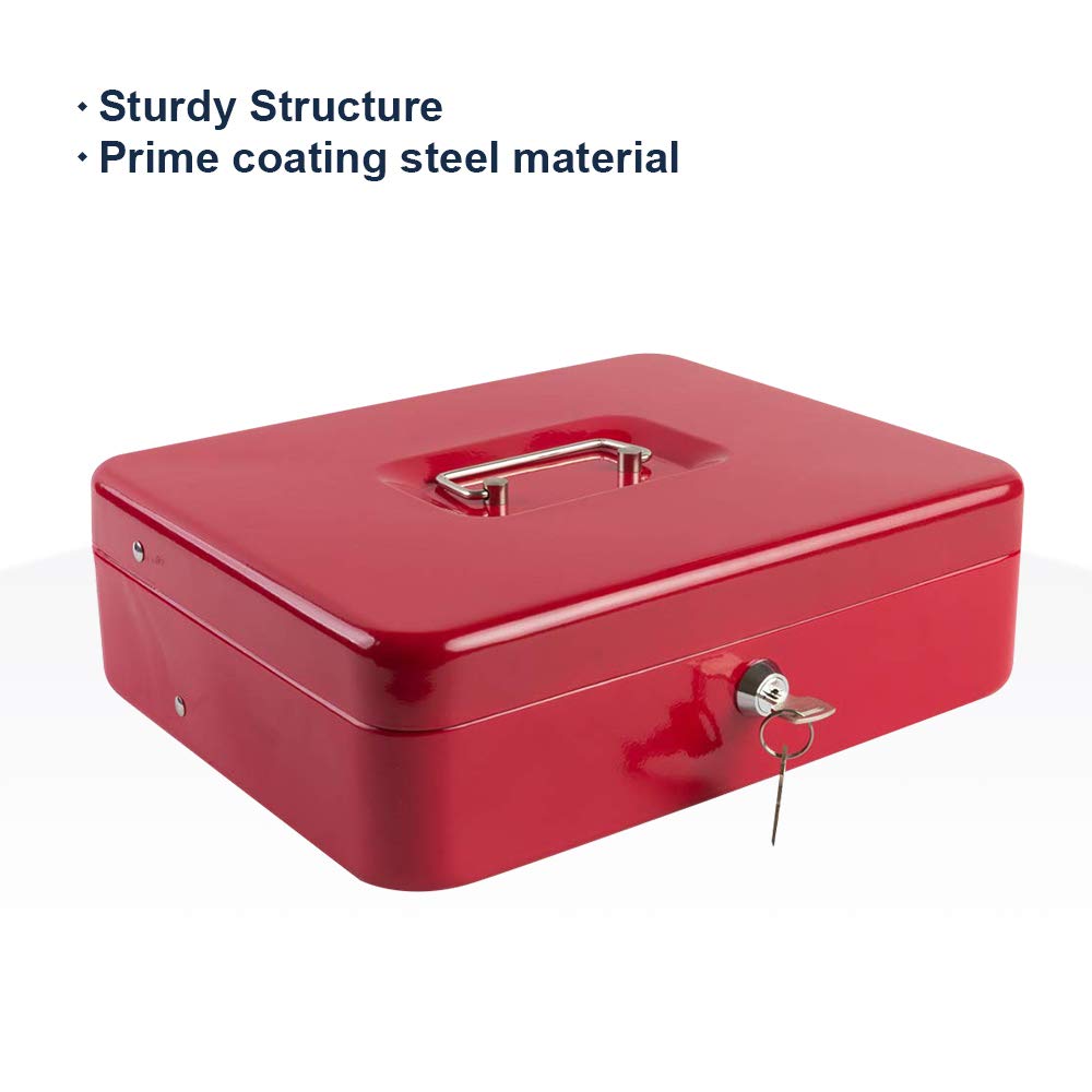 Locking Cash Box With Lock, Money Box With Cash Tray, Lock Safe Box With Key, Money Saving Organizer,11.81lx 9.45 Wx 3.54h Inches, Colour - Red Xl Large