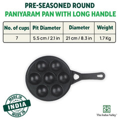 Pre-Seasoned Black Cast Iron Paniyaram Pan With Free Wooden Picker - 7 Pits, 21cm, 8.3 Inch, 1.7 Kg | Induction Friendly, Pre-Seasoned Paddu Pan, 100% Pure & Toxin-Free, No Chemical Coating