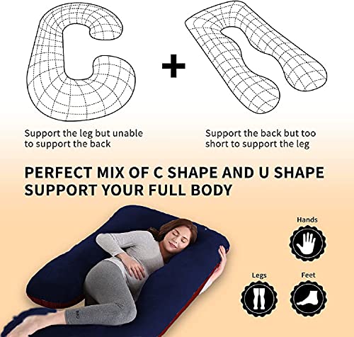 J Shaped Pillow, Pregnancy Pillow For Maternity & Baby Nursing - Dark Blue & Maroon | Pregnant Women Stomach, Spine, Neck Support, Velvet Outer Cover With Zip, Foldable, Multipurpose Use