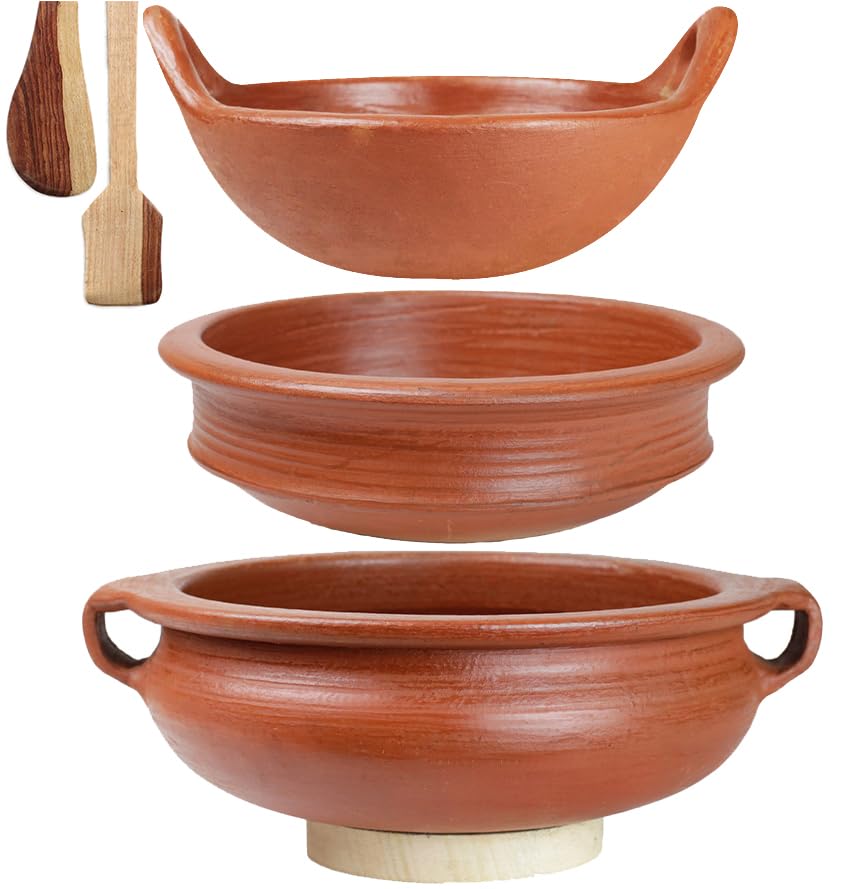 Deep Burned Uncoated Clay Pot + Kadai + Handi With Handle Combo With 2 Wooden Spatulas Complimentary Pack Of 3 - Red, 1+1+2 Liters | Pre-Seasoned Mud Pot - Unglazed, Double Fired, Hand Crafted