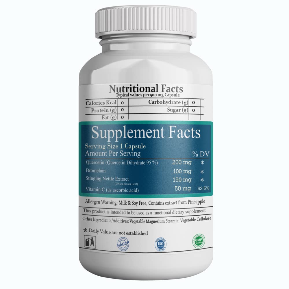 Diagnose To Cure Quercetin 95%, Bromelain 2400 Gdu, Stinging Nettle Leaves Extract & Vitamin C, 500mg | 60 Veg Capsules , 100gm 0.2lbs