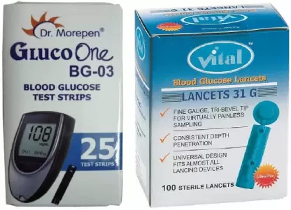 Dr. Morepen BG-03 25 Test Strips With Vital Round Glucometer Lancets (100)