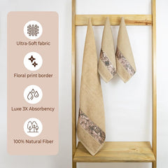Rangoli 100% Cotton Fibre 1 Bath & 2 Hand Towels 900 Gsm | Highly Durable & Absorbent With Printed Border | Quick Drying Towels (Beige)