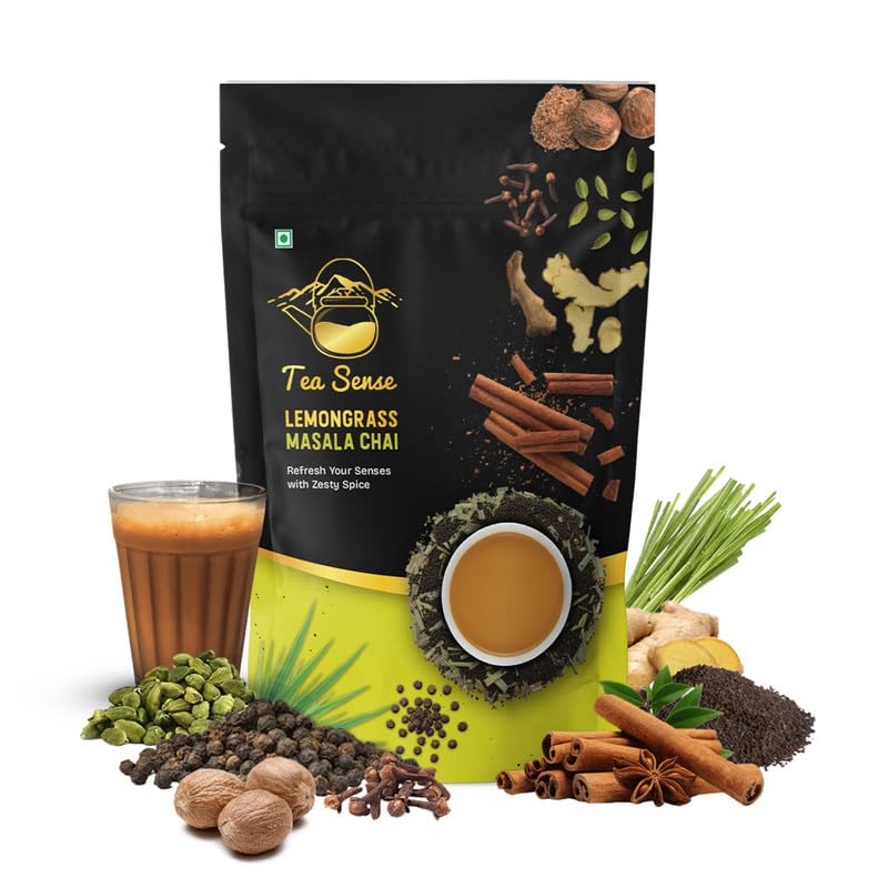 Tea Sense Lemongrass Masala Chai - 200gm, 7.05 Ounce | Assam CTC, Ginger, Cardamom, Clove, Cinnamon, Nutmeg, Black Pepper - Aromatic & Strong Flavor Chai Patti, High Caffeine | Zesty Spicy Blend