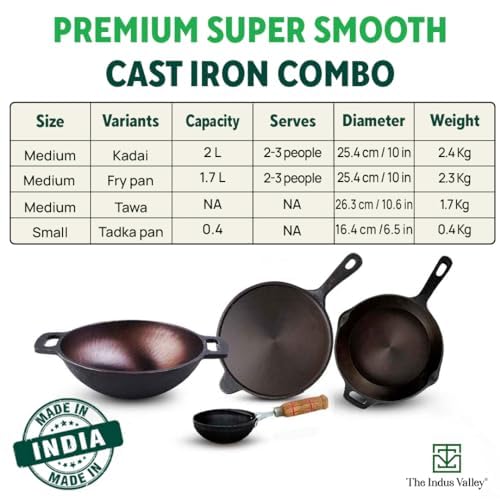 Super Smooth Cast Iron Cookware Set + Free Iron Tadka Pan - Tawa 26.3cm + Kadai 25.4cm, 2 Liters + Fry Pan 25.4cm, 1.7 Liters | Kitchen Cooking Combo Pots & Pans Set Of 4 Pcs - Naturally Nonstick