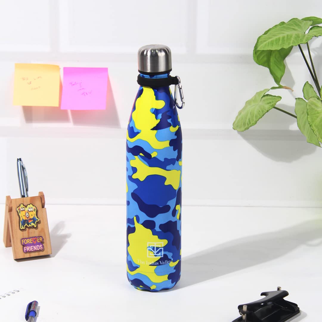 Vacuum Insulated Stainless Steel Cola Bottle For School, College, Office | Yellow & Blue, 1 Liter - Double Walled Vacuum, Hot & Cold Temperature, Leak Proof, BPA-Free