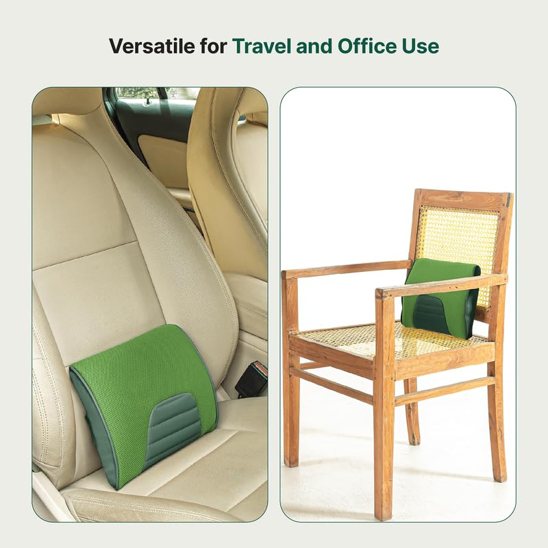 Memory Foam Pillow, Travel Lumbar Back Support Chair Cushion Pillow, Green - 11 L X 9 W X 2 H Inch | Pillow For Car, Airplane, Long Drive | Soft Pillow, Lightweight, Comfortable Pillow